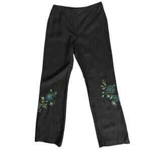 Willi Smith Black Linen Dress Pants Women 8 Teal Green Beads Embroidery *READ